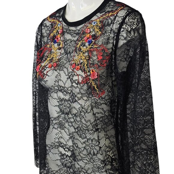 Sandro Paris Womens Lace Sheer Embroidered Long Sleeve Blouse, Open Back, 1/US S - Picture 8 of 9